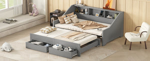 English Elm Twin Space-Saving Daybed with Pull-Out King Trundle, Built-In Bookcases, Dual Drawers & USB Charging Station Gray GX001827AAE