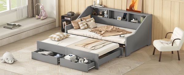 English Elm Twin Space-Saving Daybed with Pull-Out King Trundle, Built-In Bookcases, Dual Drawers & USB Charging Station Gray GX001827AAE