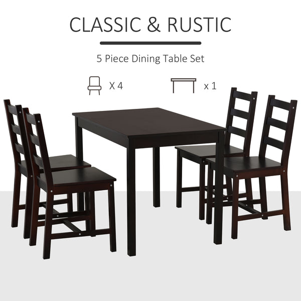 English Elm HOMCOM Chestnut Pine 5-Piece Dining Set for 4 — Compact Rustic Wooden Table & High-Back Slatted Chairs W2225P156107