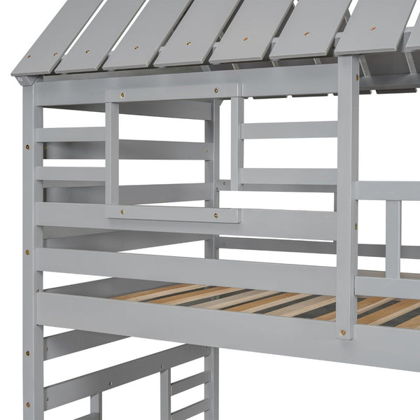 English Elm Twin Over Playhouse Bunk Bed Pine Wood with Trundle Storage Staircase Gray SM000931AAE-1