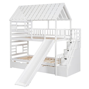 English Elm Twin Over Playhouse Bunk Bed Pine Wood with Trundle Storage Staircase White SM000931AAK-1