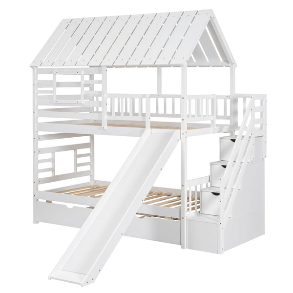 English Elm Twin Over Playhouse Bunk Bed Pine Wood with Trundle Storage Staircase White SM000931AAK-1