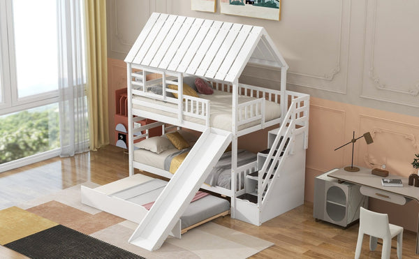 English Elm Twin Over Playhouse Bunk Bed Pine Wood with Trundle Storage Staircase White SM000931AAK-1