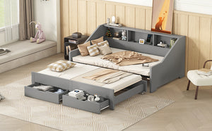 English Elm Twin Space-Saving Daybed with Pull-Out King Trundle, Built-In Bookcases, Dual Drawers & USB Charging Station Gray GX001827AAE