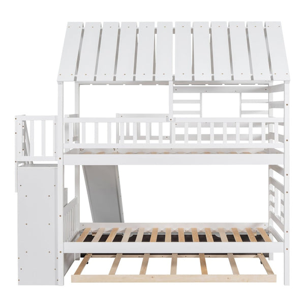 English Elm Twin Over Playhouse Bunk Bed Pine Wood with Trundle Storage Staircase White SM000931AAK-1