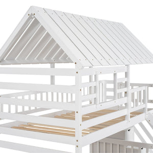 English Elm Twin Over Playhouse Bunk Bed Pine Wood with Trundle Storage Staircase White SM000931AAK-1