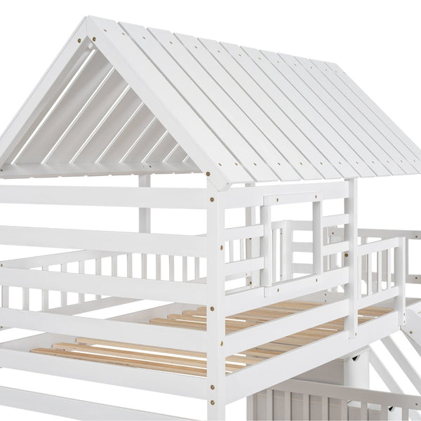 English Elm Twin Over Playhouse Bunk Bed Pine Wood with Trundle Storage Staircase White SM000931AAK-1