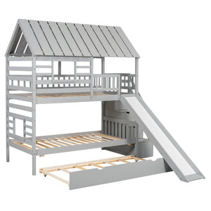 English Elm Twin Over Playhouse Bunk Bed Pine Wood with Trundle Storage Staircase Gray SM000931AAE-1