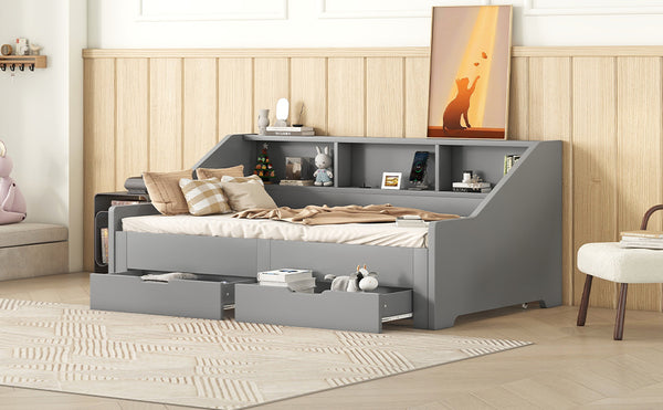 English Elm Twin Space-Saving Daybed with Pull-Out King Trundle, Built-In Bookcases, Dual Drawers & USB Charging Station Gray GX001827AAE