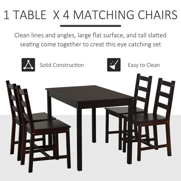English Elm HOMCOM Chestnut Pine 5-Piece Dining Set for 4 — Compact Rustic Wooden Table & High-Back Slatted Chairs W2225P156107