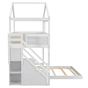 English Elm Twin House Bunk Bed with Storage Staircase and Blackboard Play Loft, Solid Pine Frame, Sturdy Design White SM001701AAK