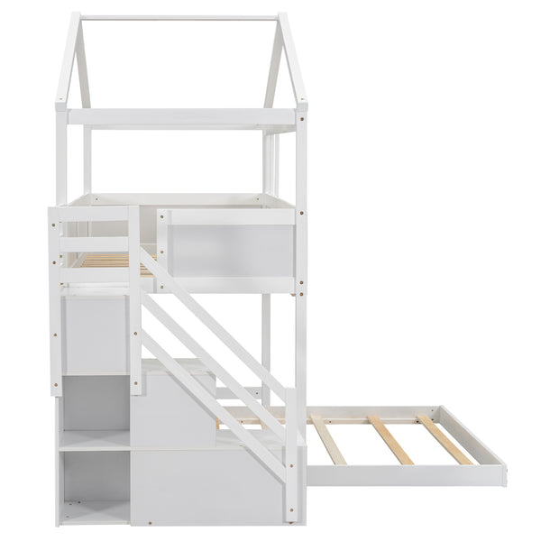 English Elm Twin House Bunk Bed with Storage Staircase and Blackboard Play Loft, Solid Pine Frame, Sturdy Design White SM001701AAK