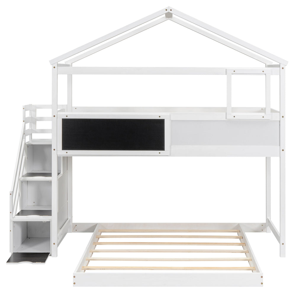 English Elm Twin House Bunk Bed with Storage Staircase and Blackboard Play Loft, Solid Pine Frame, Sturdy Design White SM001701AAK