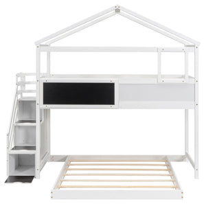 English Elm Twin House Bunk Bed with Storage Staircase and Blackboard Play Loft, Solid Pine Frame, Sturdy Design White SM001701AAK