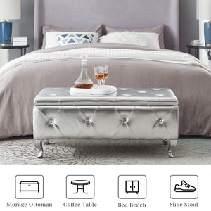 English Elm Upholstered Glam Storage Bench Faux Leather Crystal Tufted Lift Top Bedroom Seat W2268P146696