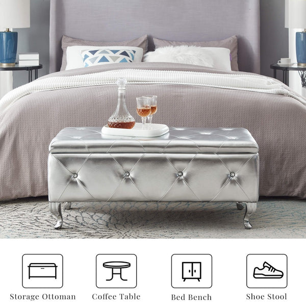 English Elm Upholstered Glam Storage Bench Faux Leather Crystal Tufted Lift Top Bedroom Seat W2268P146696
