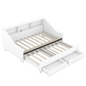 English Elm Twin Space-Saving Daybed with Pull-Out King Trundle, Built-In Bookcases, Dual Drawers & USB Charging Station White GX001827AAK