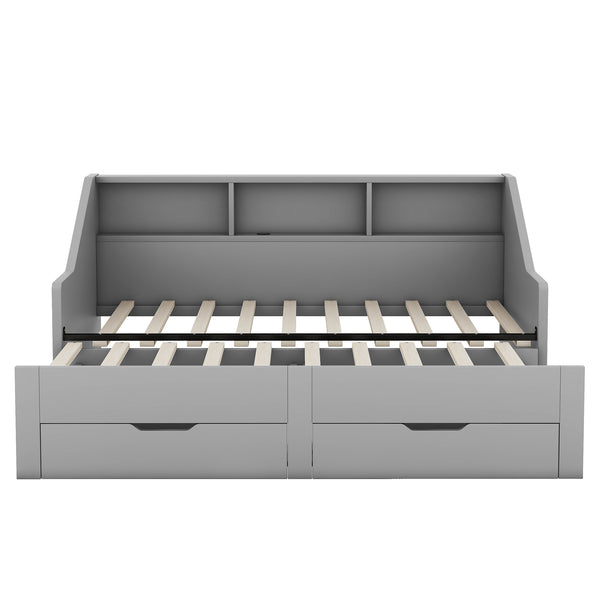 English Elm Twin Space-Saving Daybed with Pull-Out King Trundle, Built-In Bookcases, Dual Drawers & USB Charging Station Gray GX001827AAE