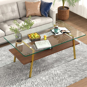 English Elm Rectangle Coffee Table - Modern Tempered Glass Top With Gold Metal Legs For Chic Living Room Style W241126033-GIGA