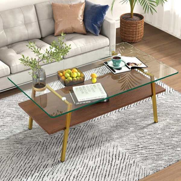 English Elm Rectangle Coffee Table - Modern Tempered Glass Top With Gold Metal Legs For Chic Living Room Style W241126033-GIGA