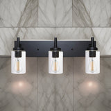 English Elm Vanity Bathroom Light Fixture Black 3 Lights Rustic Wall Sconce Lighting With Clear Glass Shade