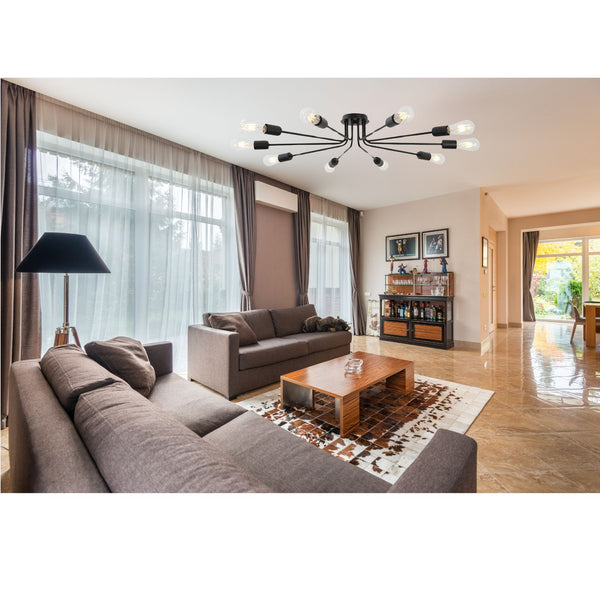 English Elm 10 Mid-Century Sputnik Chandelier with 10 Dimmable Arms, Metal Semi-Flush Ceiling Fixture, Elegant Ambiance Black B130P148036