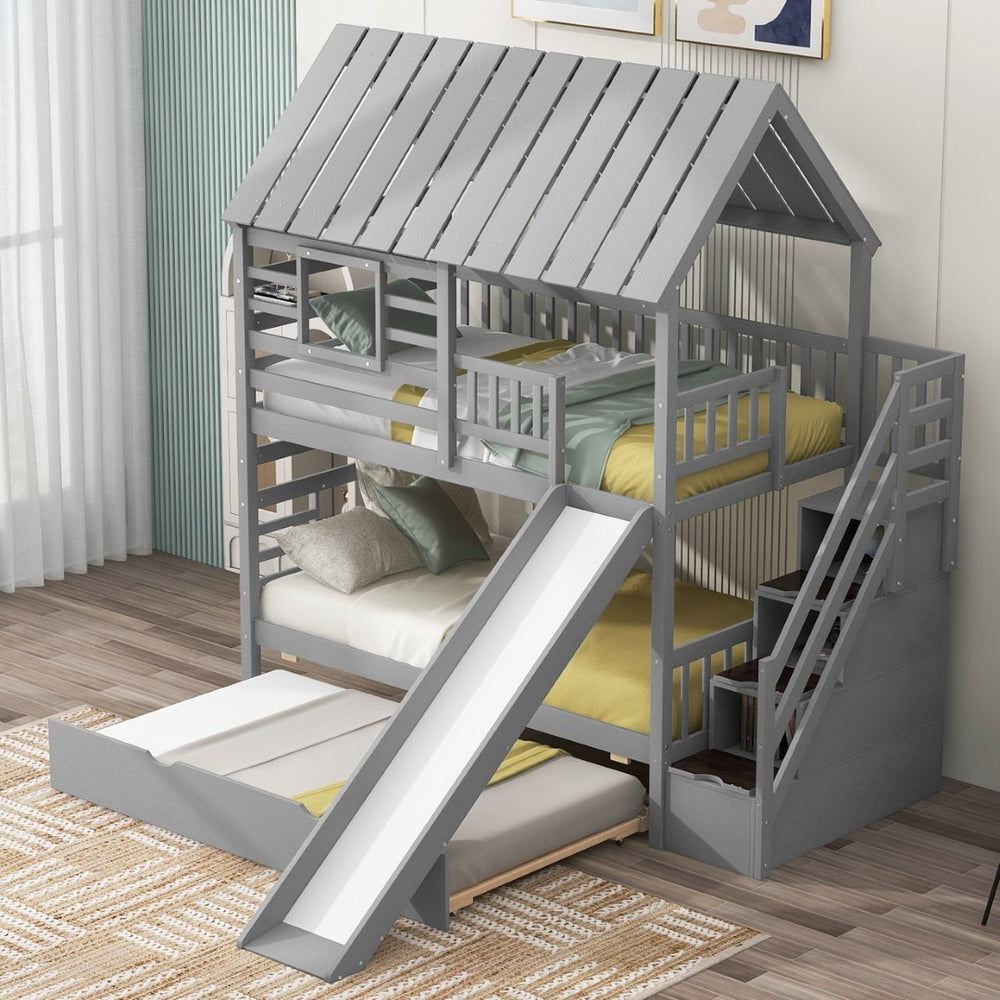 English Elm Twin Over Playhouse Bunk Bed Pine Wood with Trundle Storage Staircase Gray SM000931AAE-1