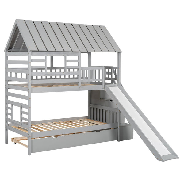 English Elm Twin Over Playhouse Bunk Bed Pine Wood with Trundle Storage Staircase Gray SM000931AAE-1