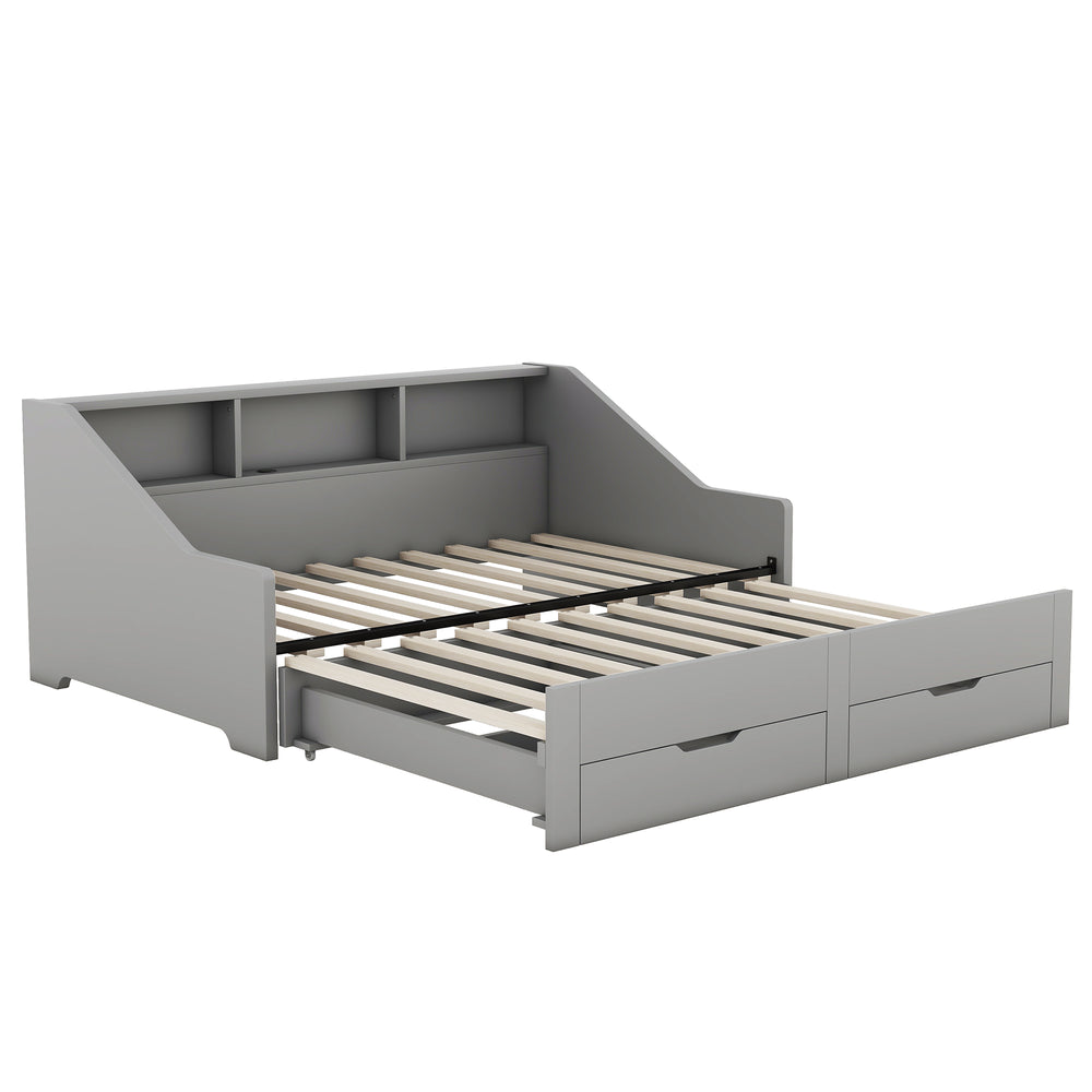 English Elm Twin Space-Saving Daybed with Pull-Out King Trundle, Built-In Bookcases, Dual Drawers & USB Charging Station Gray GX001827AAE