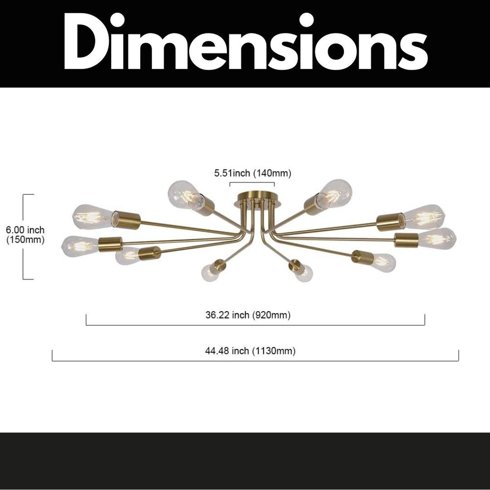 English Elm 10 Mid-Century Sputnik Chandelier with 10 Dimmable Arms, Metal Semi-Flush Ceiling Fixture, Elegant Ambiance Brushed Gold B130P148037