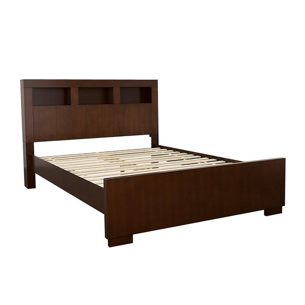 English Elm Cappuccino Queen Bed With Stylish Bookcase Headboard, Integrated Lighting & Modern Storage Solutions B062S00307