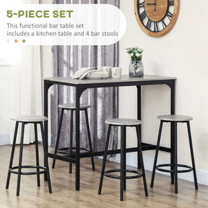 English Elm HOMCOM Rustic 5-Piece Counter Height Bar Set with 43.25" Wood Top & 4 Stools, Industrial Gray Finish W2225P156386