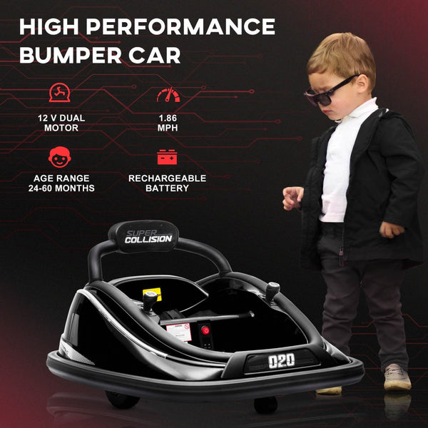 English Elm Aosom 12v Toddler Ride on Bumper Car with Dual Motors 360 Spin Led Glow Black W2225P156331