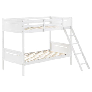 English Elm White Twin/Twin Bunk Bed Sturdy Rubberwood Frame with Angled Ladder, Full Guardrails, 400lb Tested Weight B062S00337