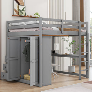 English Elm Wood Full Size Loft Bed with Built-in Wardrobe, Desk, Shelves and Drawers for Organized Rooms Gray GX000445AAE