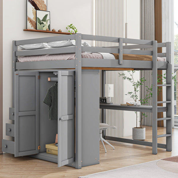 English Elm Wood Full Size Loft Bed with Built-in Wardrobe, Desk, Shelves and Drawers for Organized Rooms Gray GX000445AAE