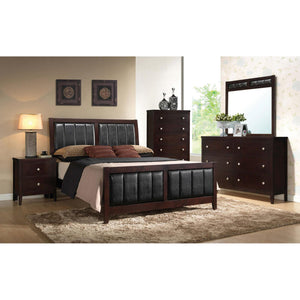 English Elm Cappuccino Faux Leather Panel Bed Queen with Pleated Black Upholstery, Sturdy 600lb Frame, Stylish Transition B062S00313