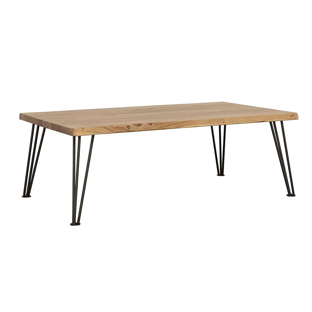 English Elm Natural Coffee Table With Live-Edge Acacia Wood Top & Sleek Matte Black Hairpin Legs For Style B062S00317