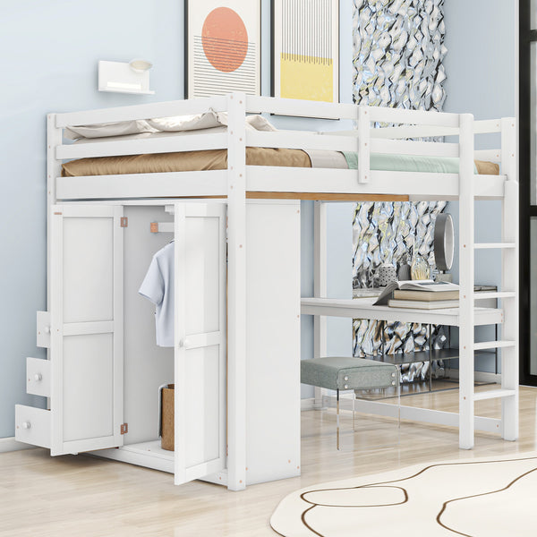 English Elm Wood Full Size Loft Bed with Built-in Wardrobe, Desk, Shelves and Drawers for Organized Rooms White GX000445AAK