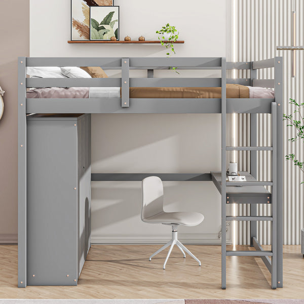 English Elm Wood Full Size Loft Bed with Built-in Wardrobe, Desk, Shelves and Drawers for Organized Rooms Gray GX000445AAE