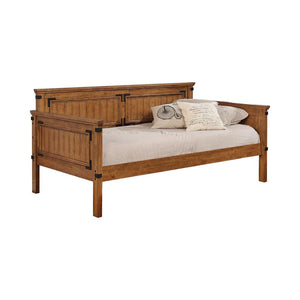 English Elm Rustic Honey Twin Daybed with Paneled Plank Design, Black Metal Accents, Cozy Guest Bed for Office B062S00330