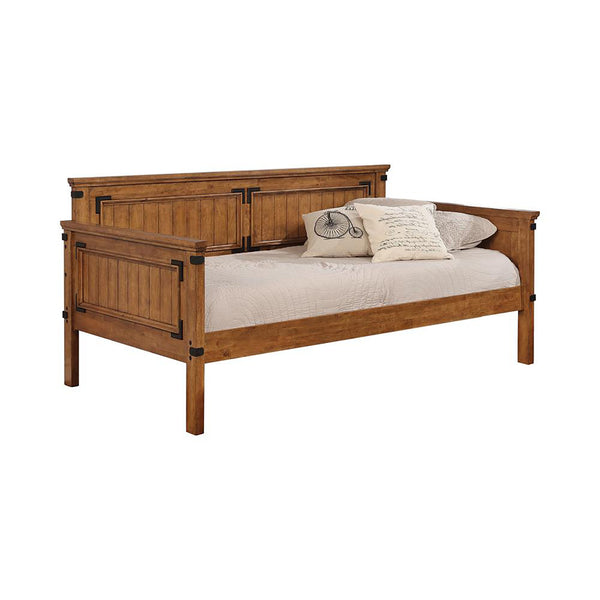 English Elm Rustic Honey Twin Daybed with Paneled Plank Design, Black Metal Accents, Cozy Guest Bed for Office B062S00330