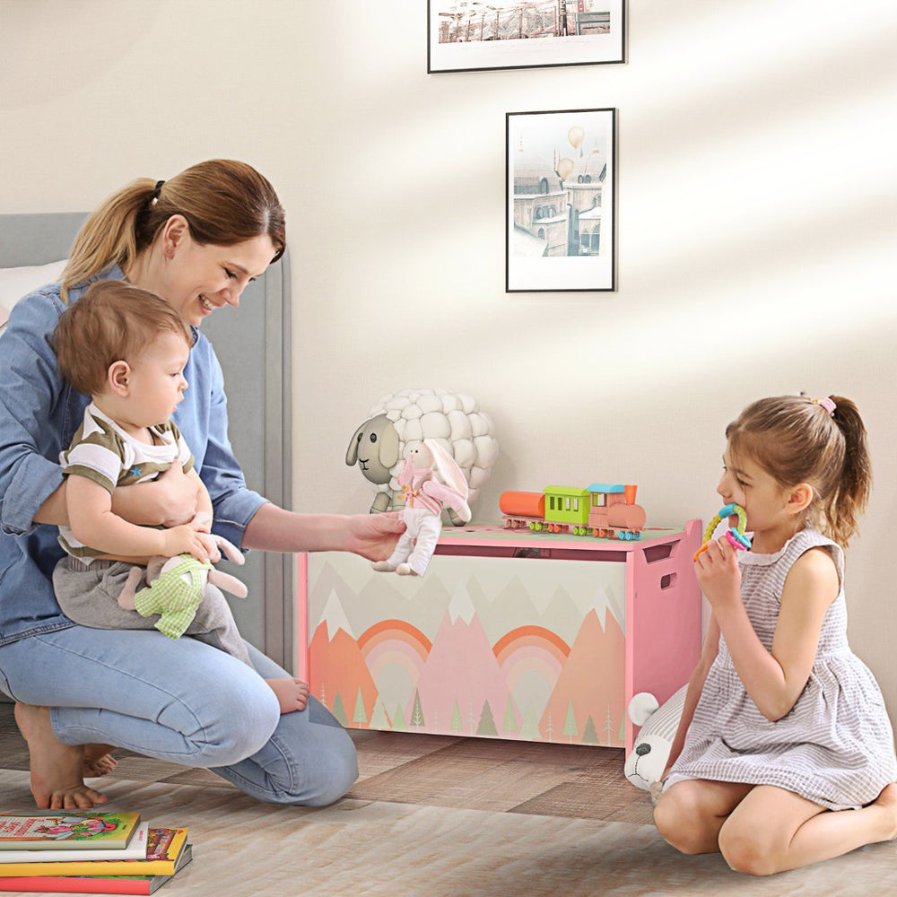 English Elm Qaba Wooden Kids Toy Chest with Safety Lid Animal Theme Playroom Storage Box W2225P156292