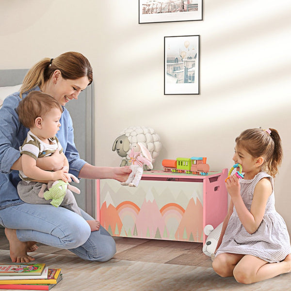 English Elm Qaba Wooden Kids Toy Chest with Safety Lid Animal Theme Playroom Storage Box W2225P156292
