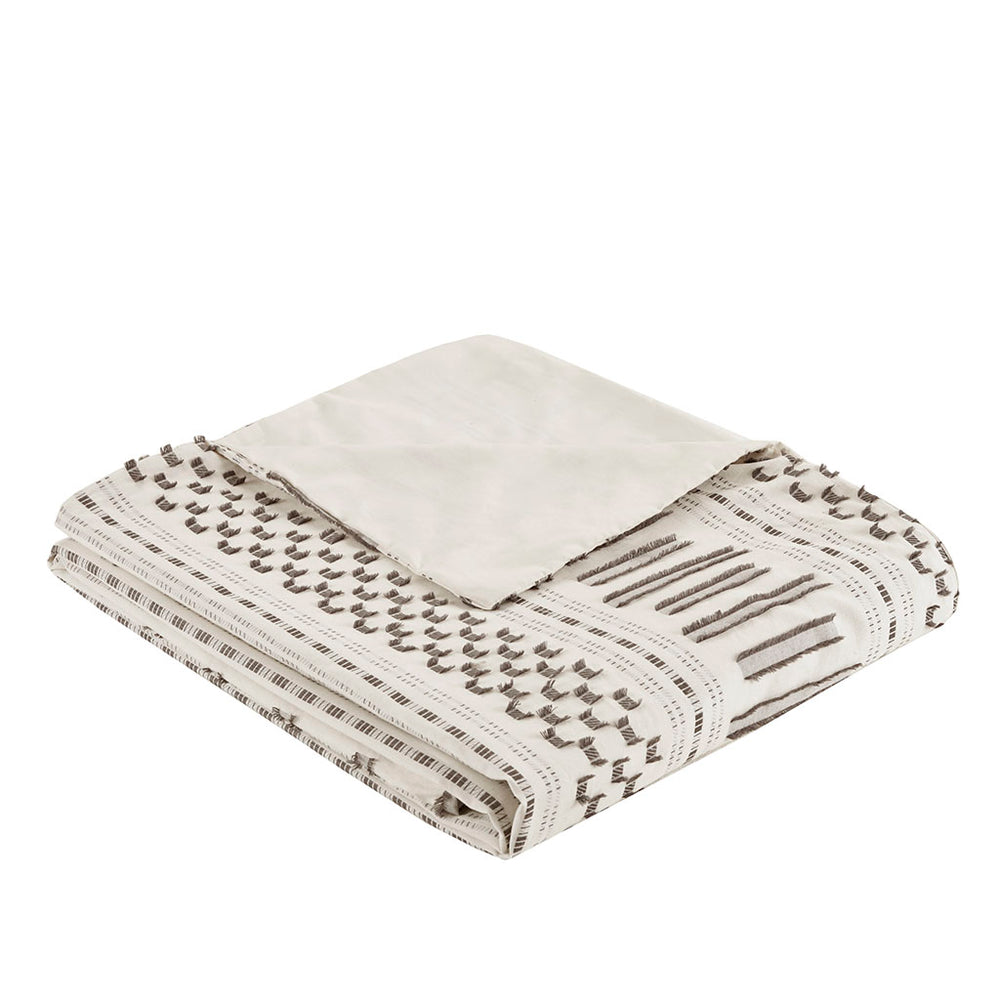 English Elm Full/Queen Rhea Cotton Jacquard Duvet Cover Mini Set – Ivory Striped Eyelash Texture, OEKO-TEX, Button Closure B03596464