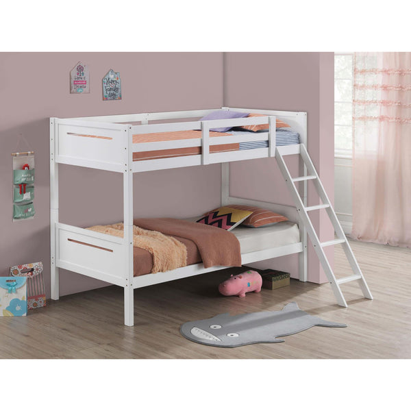 English Elm White Twin/Twin Bunk Bed Sturdy Rubberwood Frame with Angled Ladder, Full Guardrails, 400lb Tested Weight B062S00337