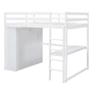 English Elm Wood Full Size Loft Bed with Built-in Wardrobe, Desk, Shelves and Drawers for Organized Rooms White GX000445AAK