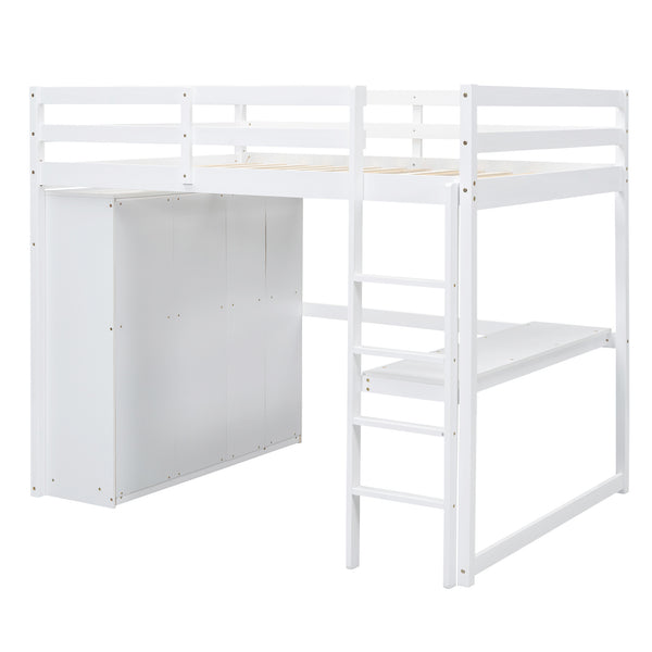 English Elm Wood Full Size Loft Bed with Built-in Wardrobe, Desk, Shelves and Drawers for Organized Rooms White GX000445AAK