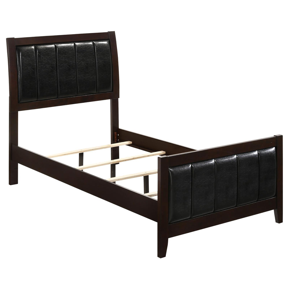 English Elm Cappuccino Twin Panel Bed with Channeled Leatherette Headboard, Curved Legs, Mid-Century Modern Design B062S00316