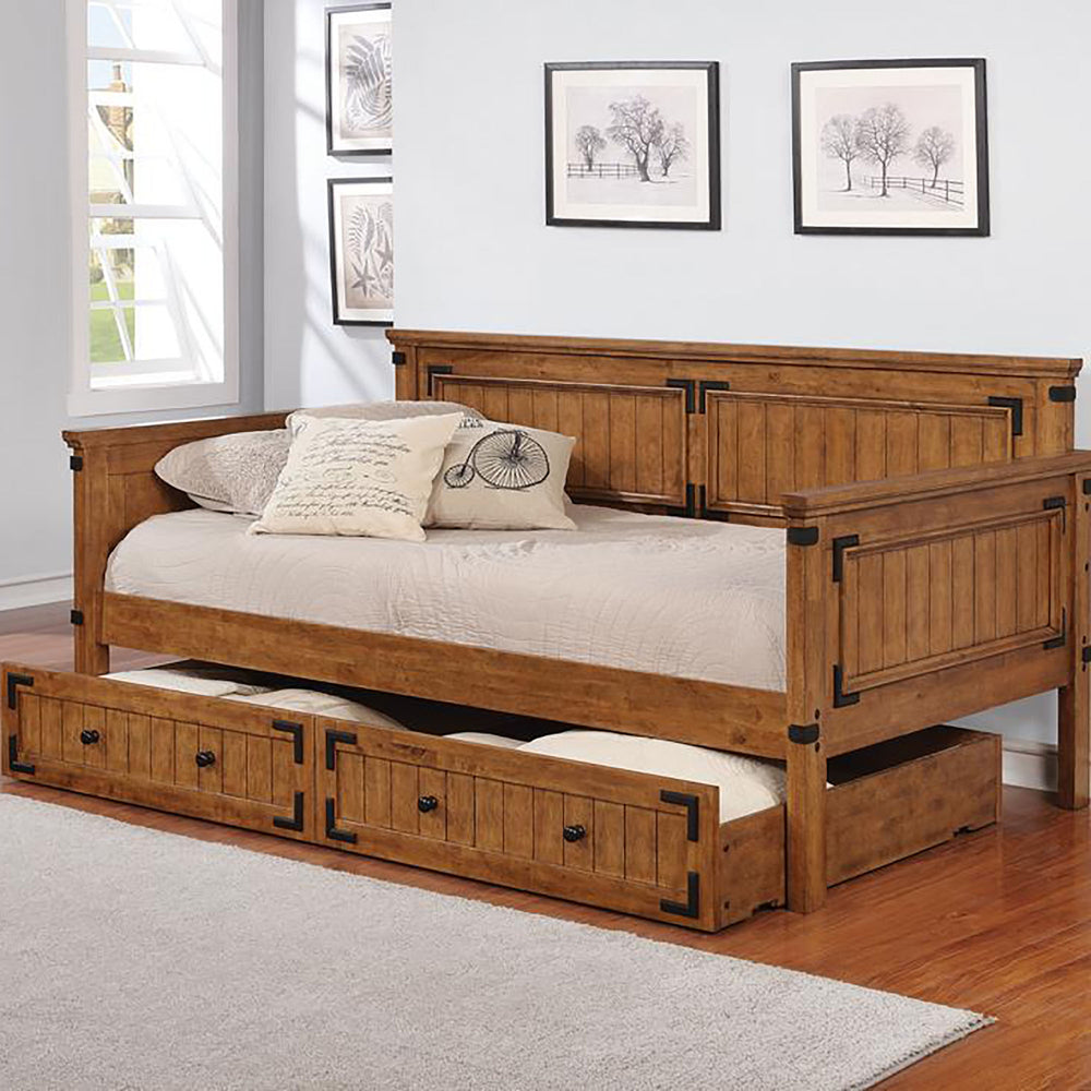 English Elm Rustic Honey Twin Daybed with Paneled Plank Design, Black Metal Accents, Cozy Guest Bed for Office B062S00330